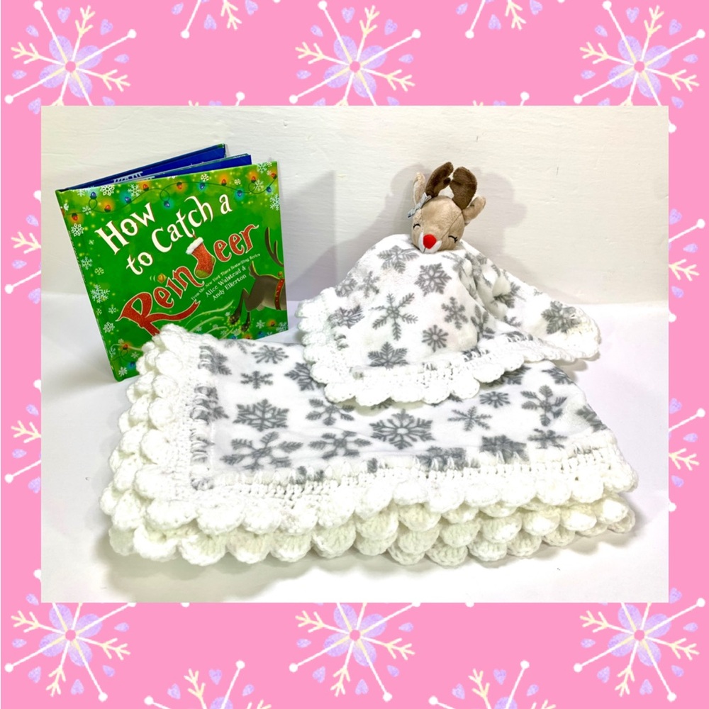 Christmas Snowflake Girl Reindeer Crochet Baby Blanket Lovey & Book Gift Set